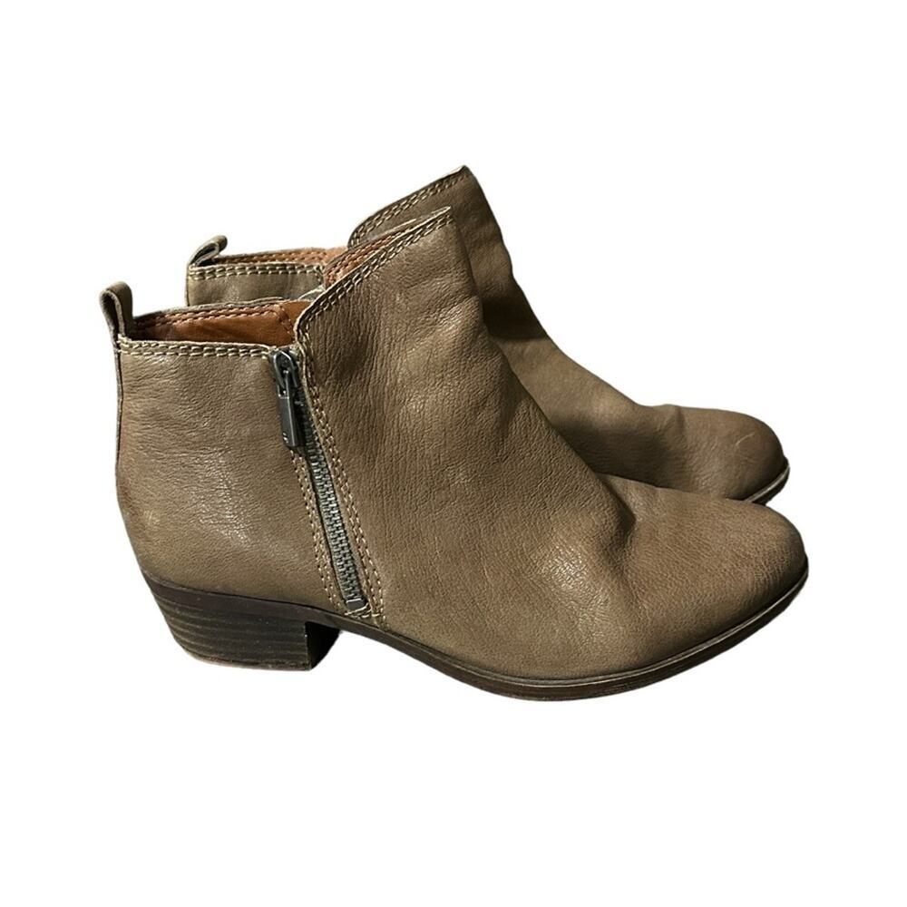 Lucky Brand Basel Taupe Dune Side Zip Block Heel Leather Booties Size 8